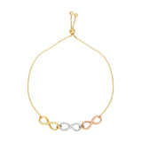 14k Tri Color Gold Infinity Charms Adjustable Bracelet, 9.25"