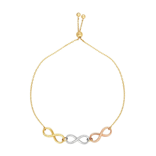 14k Tri Color Gold Infinity Charms Adjustable Bracelet, 9.25"