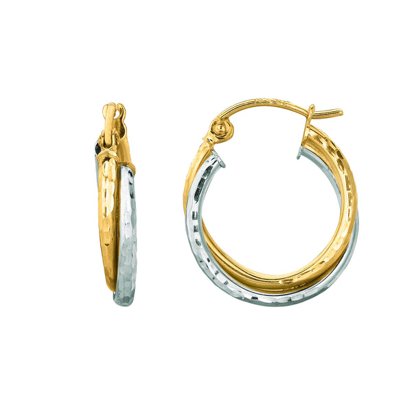 14K Yellow And White Gold Diamond Cut Double Row Hoop Earrings, Diameter 17mm