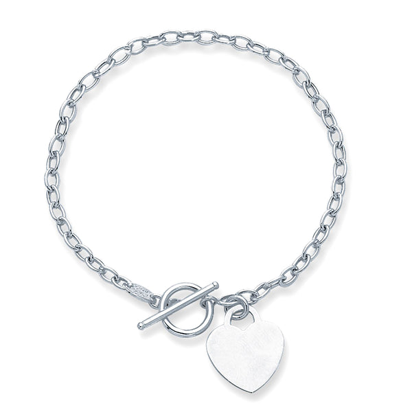 14k White Gold Chain Oval Link Heart Bracelet, 7.50"