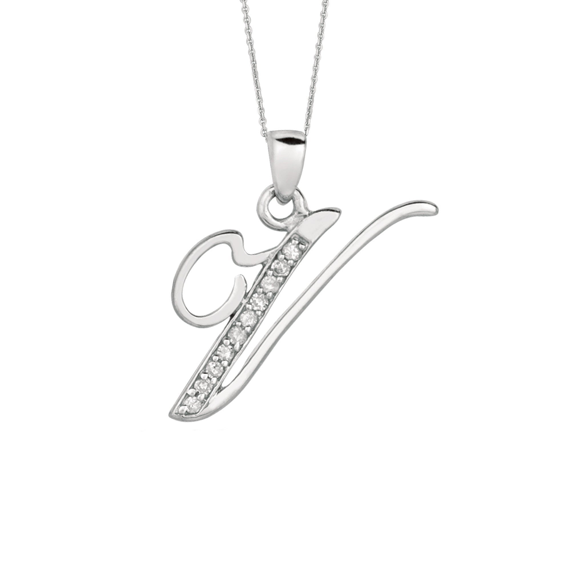 "V" Sterling Silver Rhodium Plated Script Initial Letter With Diamonds On 18 Inch Chain ( 0.05 Tcw)