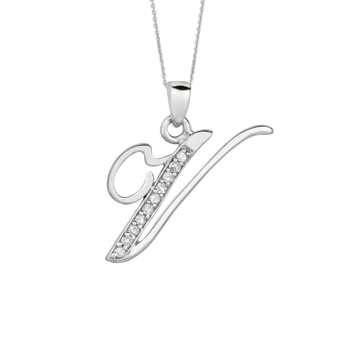 "V" Sterling Silver Rhodium Plated Script Initial Letter With Diamonds On 18 Inch Chain ( 0.05 Tcw)
