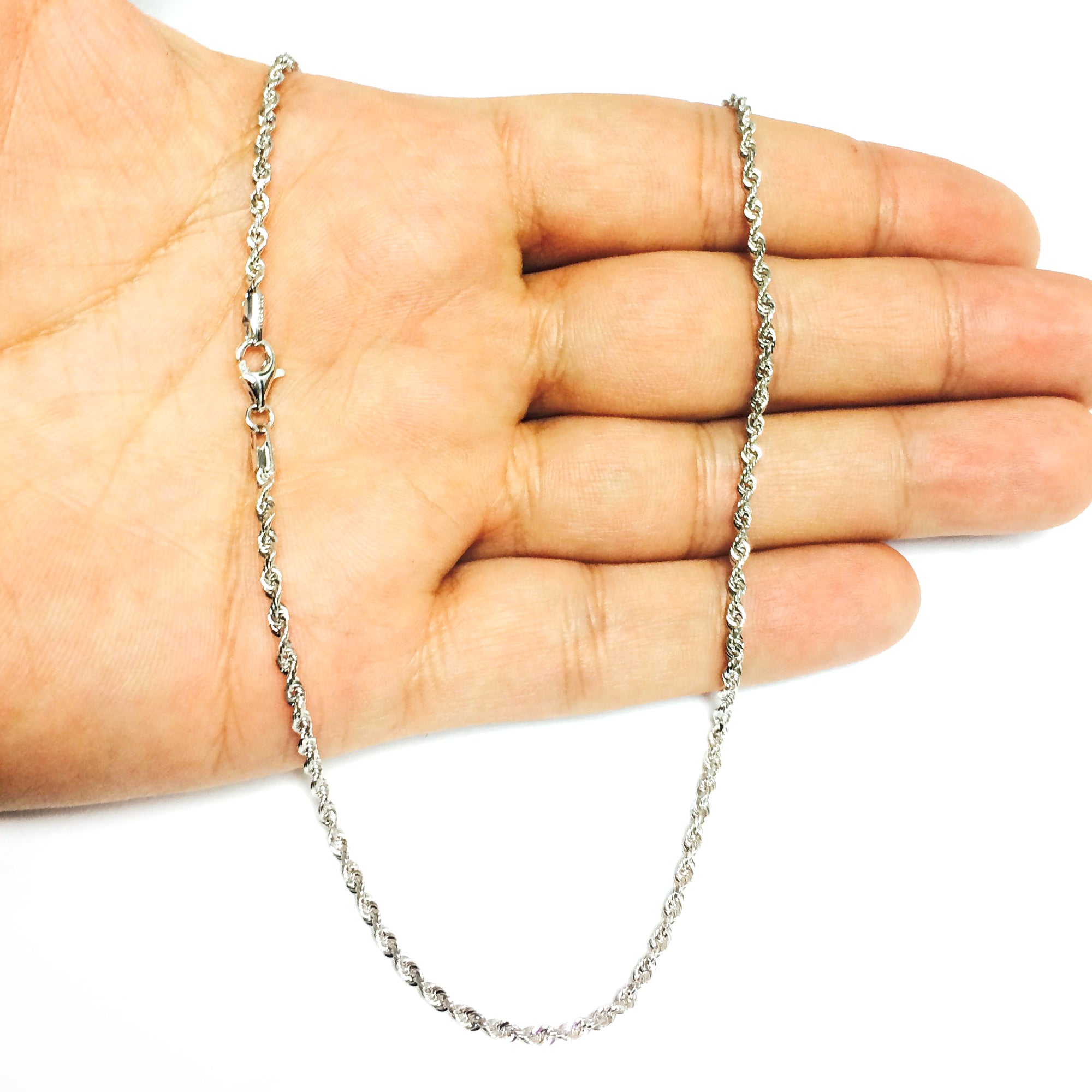 Collar de cadena de cuerda con corte de diamante de oro macizo blanco de 14 quilates, joyería fina de diseño de 2,5 mm para hombres y mujeres