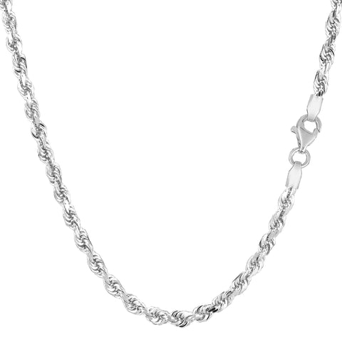14k White Solid Gold Diamond Cut Rope Chain Necklace, 3mm