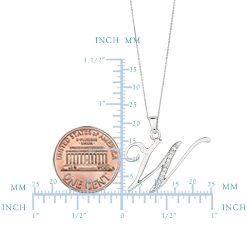 "W" Sterling Silver Rhodium Plated Script Initial Letter With Diamonds On 18 Inch Chain ( 0.05 Tcw)
