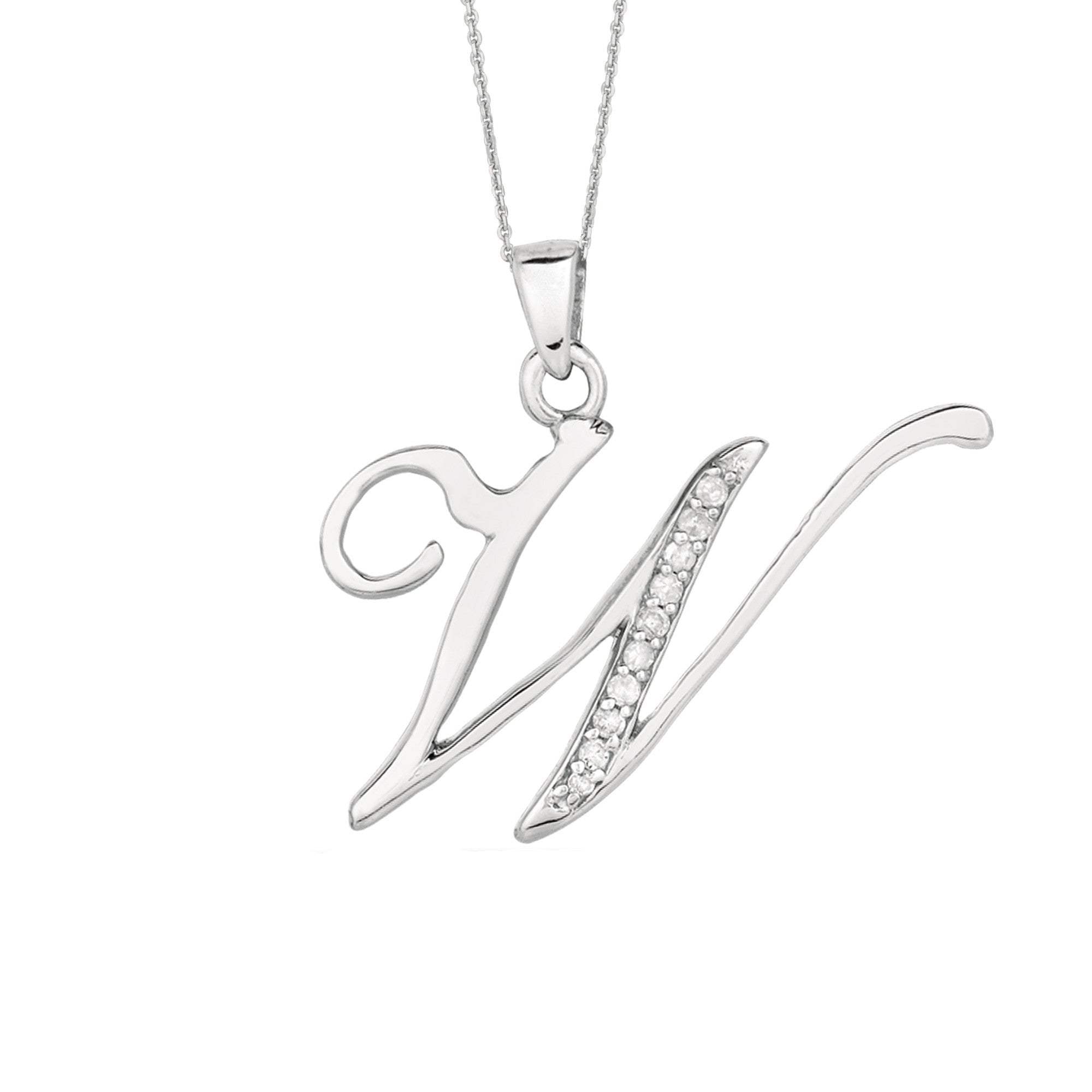 "W" Sterling Silver Rhodium Plated Script Initial Letter With Diamonds On 18 Inch Chain ( 0.05 Tcw)