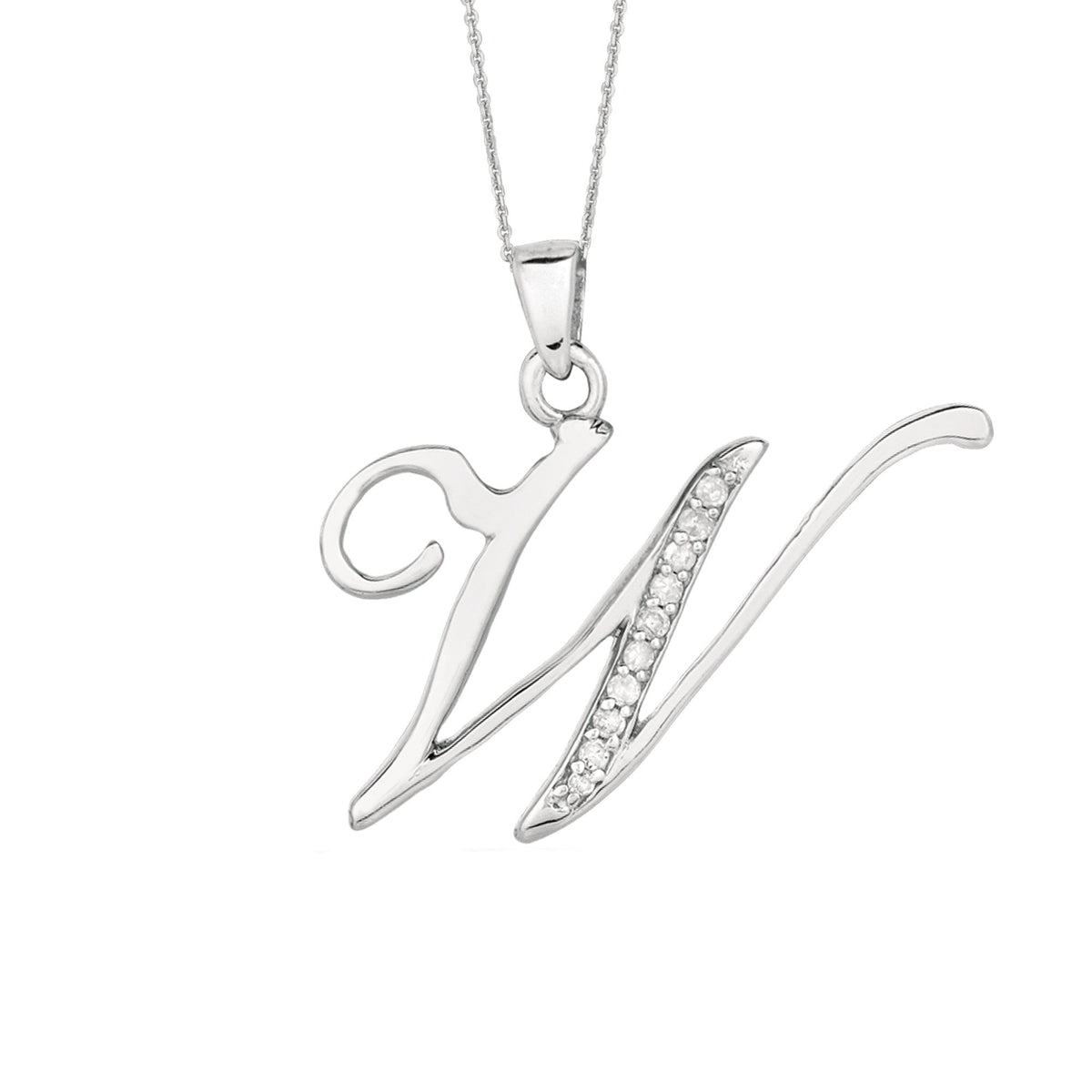 "W" Sterling Silver Rhodium Plated Script Initial Letter With Diamonds On 18 Inch Chain ( 0.05 Tcw)
