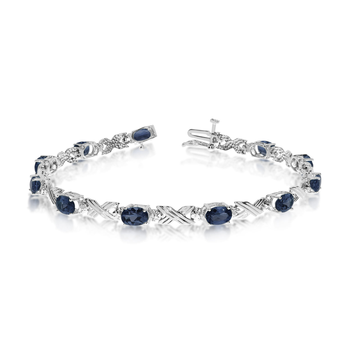 10K White Gold Oval Sapphire Stones And Diamonds Tennis Bracelet, 7" fine designer jewelry for men and women