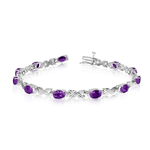 10K White Gold Oval Amethyst Stones And Diamonds Tennis Bracelet, 7"