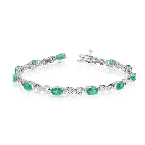 10K White Gold Oval Emerald Stones And Diamonds Tennis Bracelet, 7"