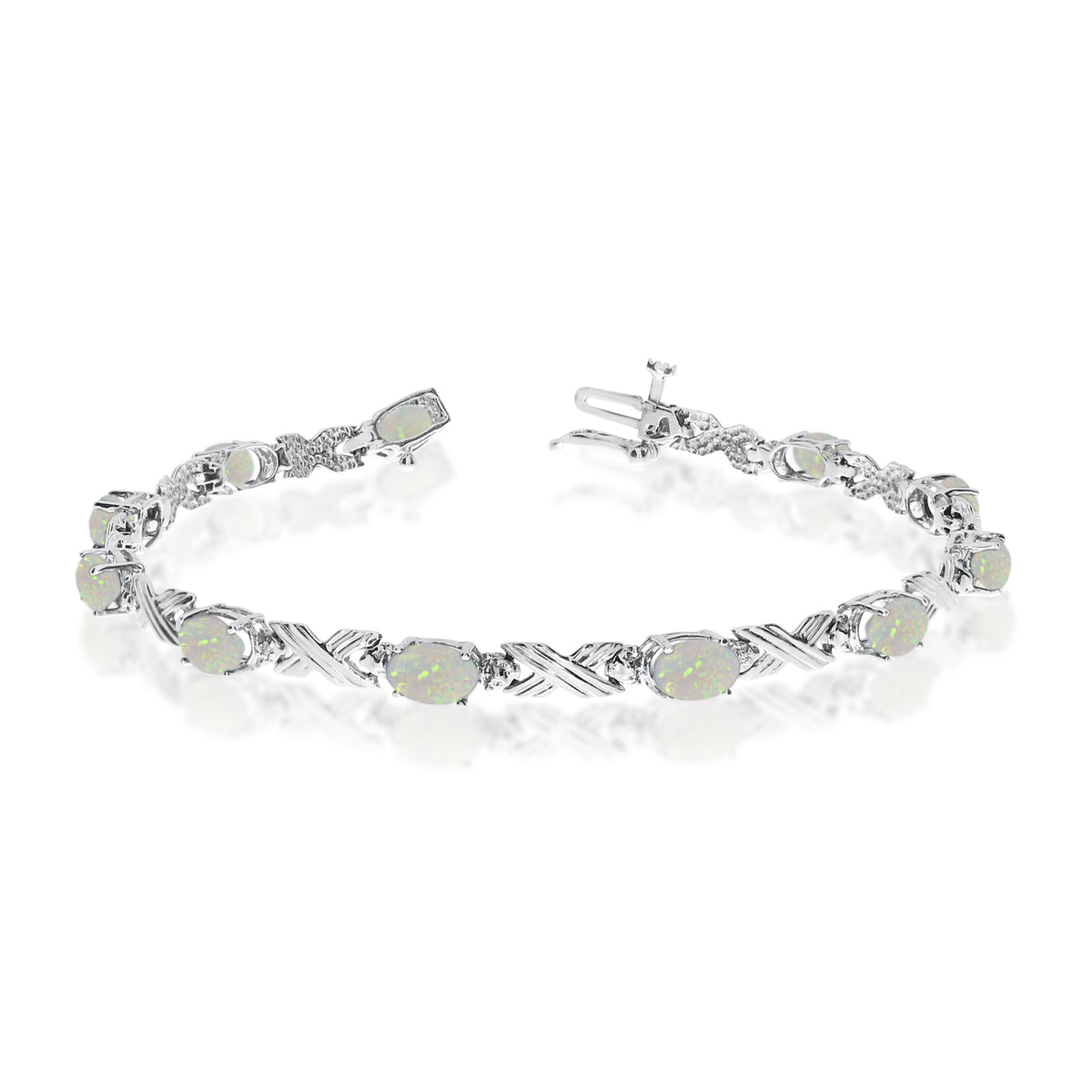 10K White Gold Oval Opal Stones And Diamonds Tennis Bracelet, 7" fine designer jewelry for men and women