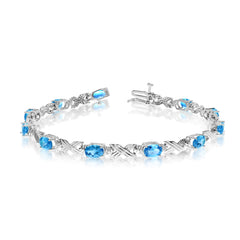 10K White Gold Oval Blue Topaz Stones And Diamonds Tennis Bracelet, 7" fine designer jewelry for men and women