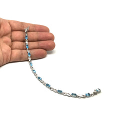 14K White Gold Oval Blue Topaz Stones And Diamonds Tennis Bracelet, 7" fine designer jewelry for men and women