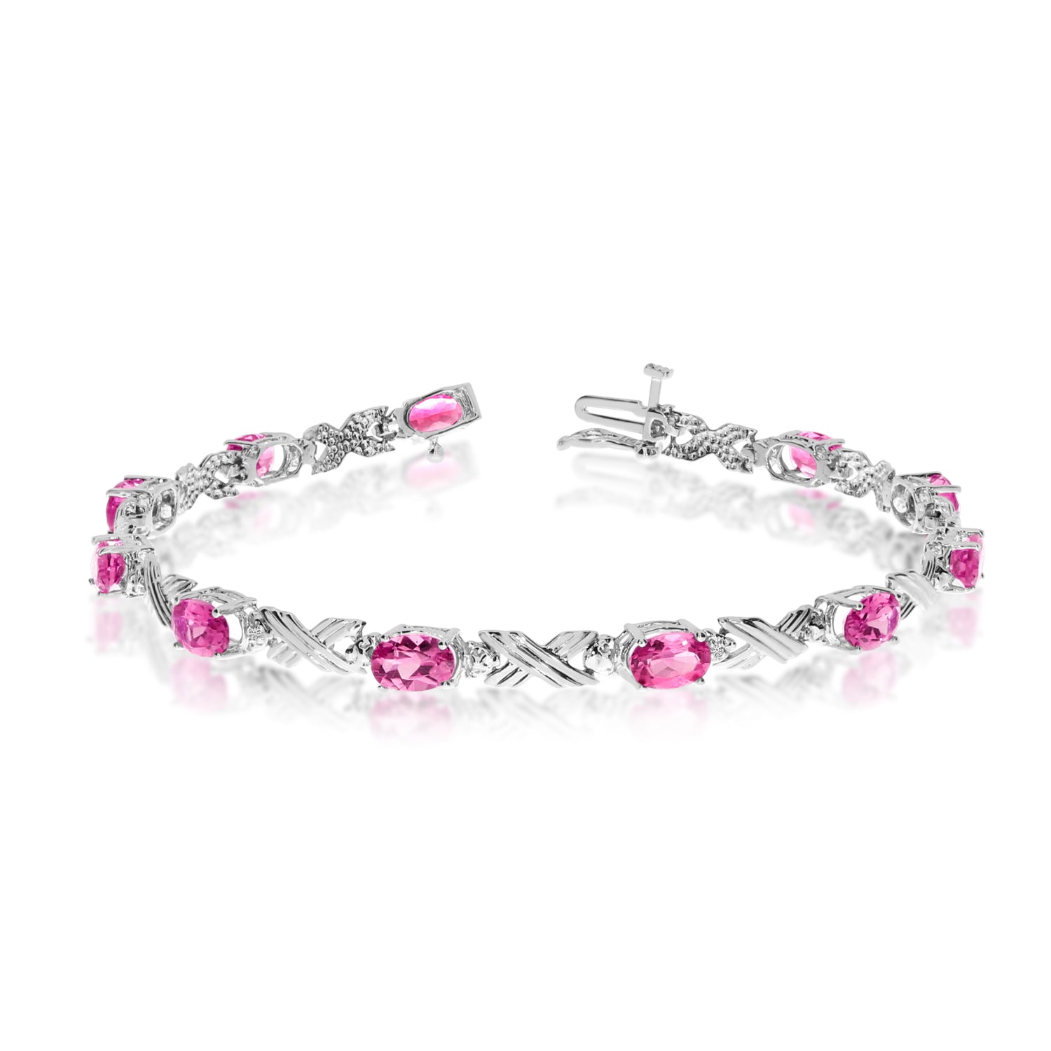 10K White Gold Oval Pink Topaz Stones And Diamonds Tennis Bracelet, 7" fine designer jewelry for men and women