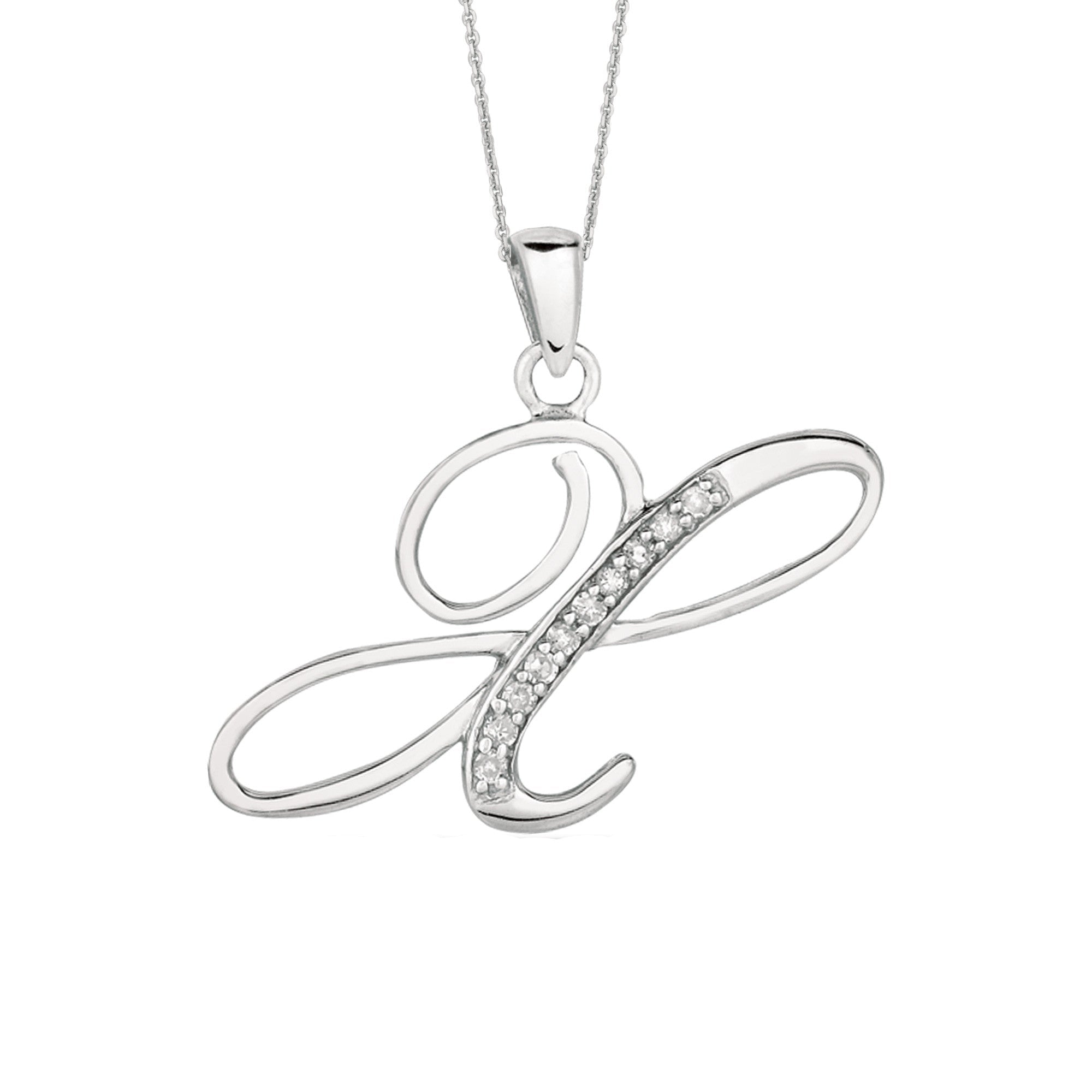 "X" Sterling Silver Rhodium Plated Script Initial Letter With Diamonds On 18 Inch Chain ( 0.05 Tcw)