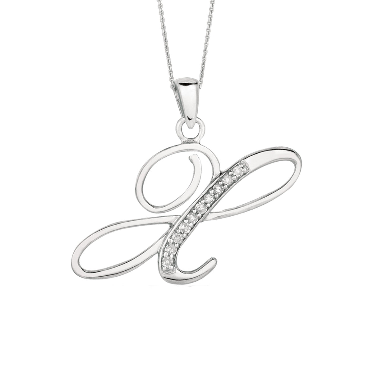 "X" Sterling Silver Rhodium Plated Script Initial Letter With Diamonds On 18 Inch Chain ( 0.05 Tcw)