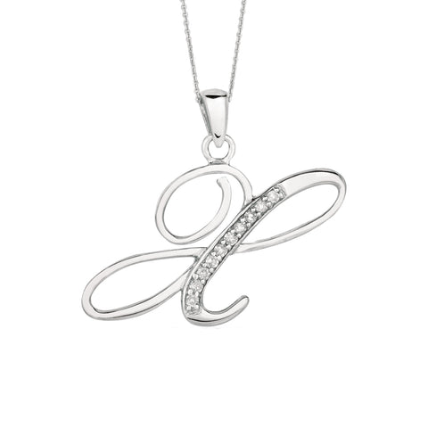 "X" Sterling Silver Rhodium Plated Script Initial Letter With Diamonds On 18 Inch Chain ( 0.05 Tcw)