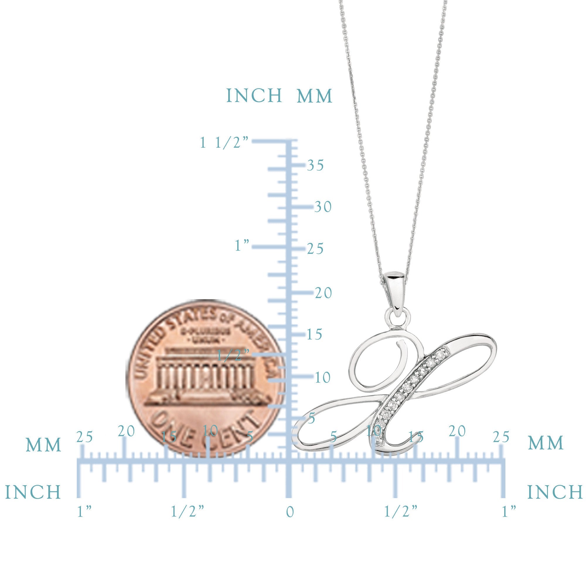 "X" Sterling Silver Rhodium Plated Script Initial Letter With Diamonds On 18 Inch Chain ( 0.05 Tcw)