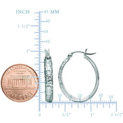 14K White Gold Hammered Polished  Oval Hoop Earrings
