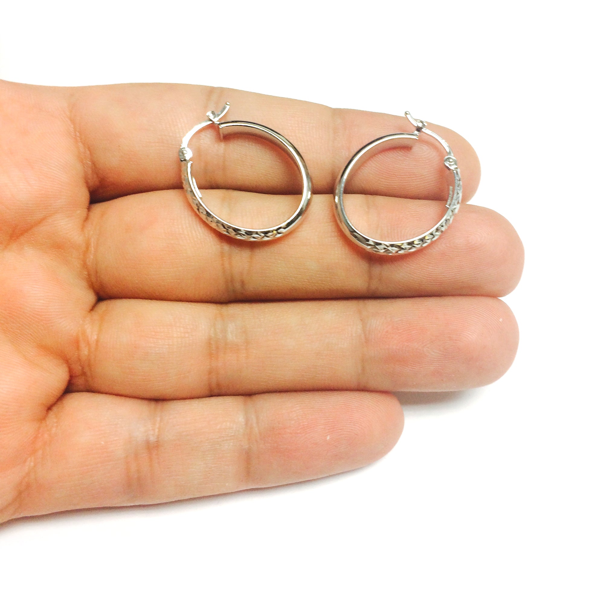 14K White Gold Hammered Polished  Oval Hoop Earrings