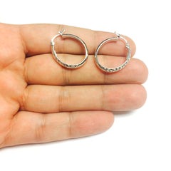 14K White Gold Hammered Polished  Oval Hoop Earrings