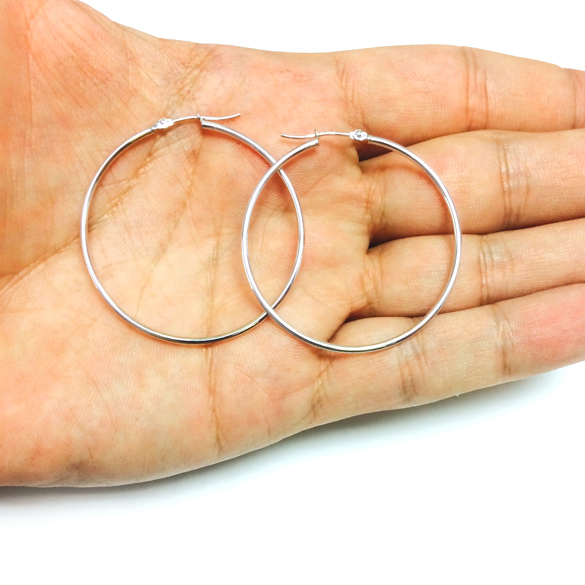 14k White Gold 1.5mm Shiny Round Tube Hoop Earrings fine designer jewelry for men and women