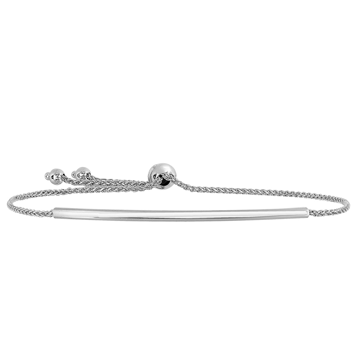 14K White Gold Diamond Cut Round Wheat Adjustable Bracelet With Shiny Arched Bar Center Element , 9" fine designer jewelry for men and women