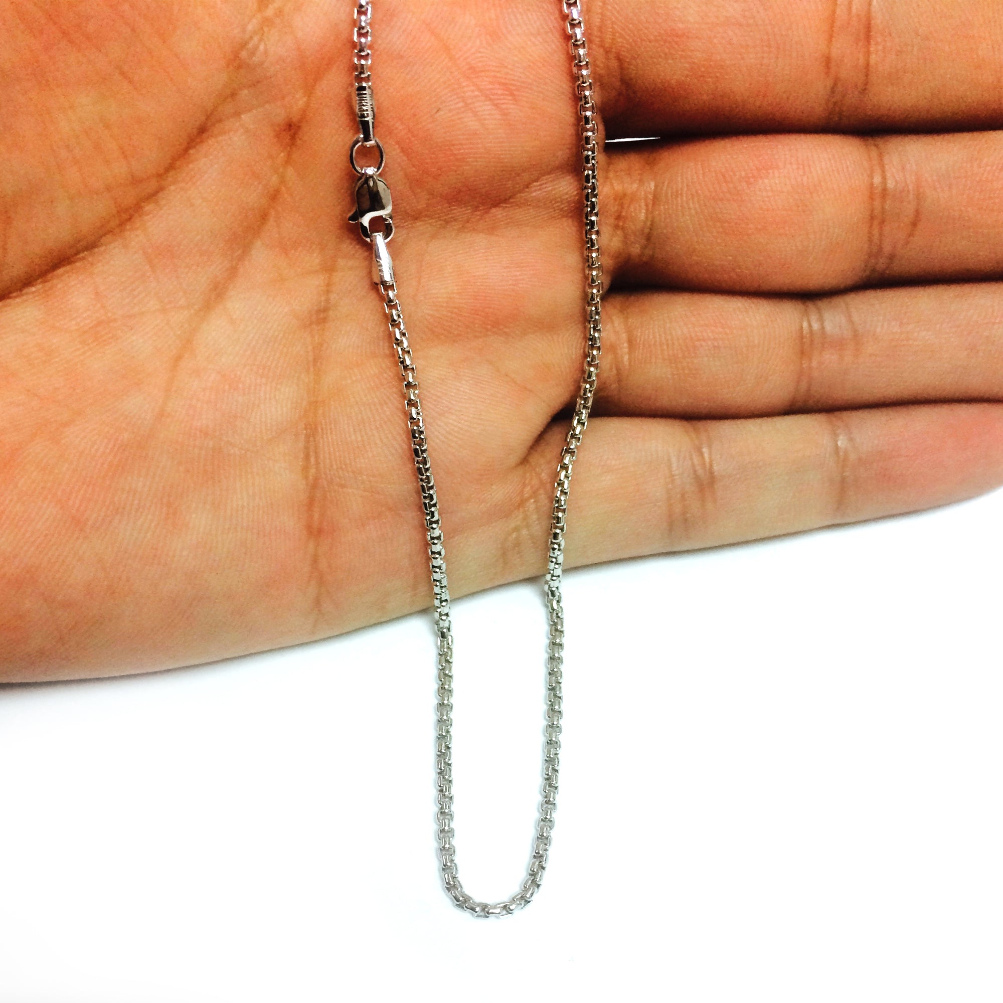 14k White Gold Round Box Chain Necklace, 1.4mm fine designer jewelry for men and women