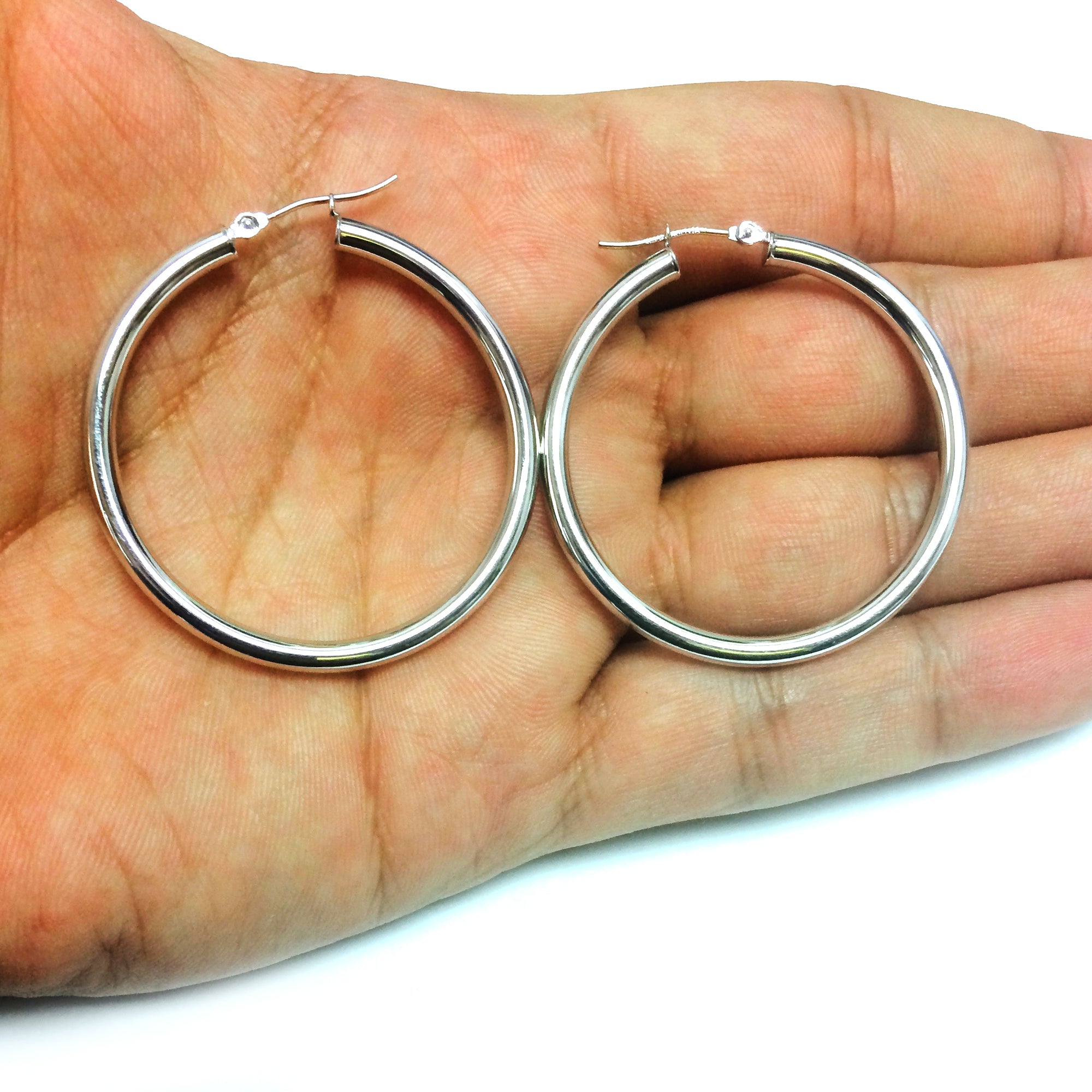 14K White Gold 3MM Shiny Round Tube Hoop Earrings fine designer jewelry for men and women