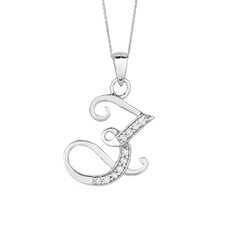 "Z" Sterling Silver Rhodium Plated Script Initial Letter With Diamonds On 18 Inch Chain ( 0.05 Tcw)