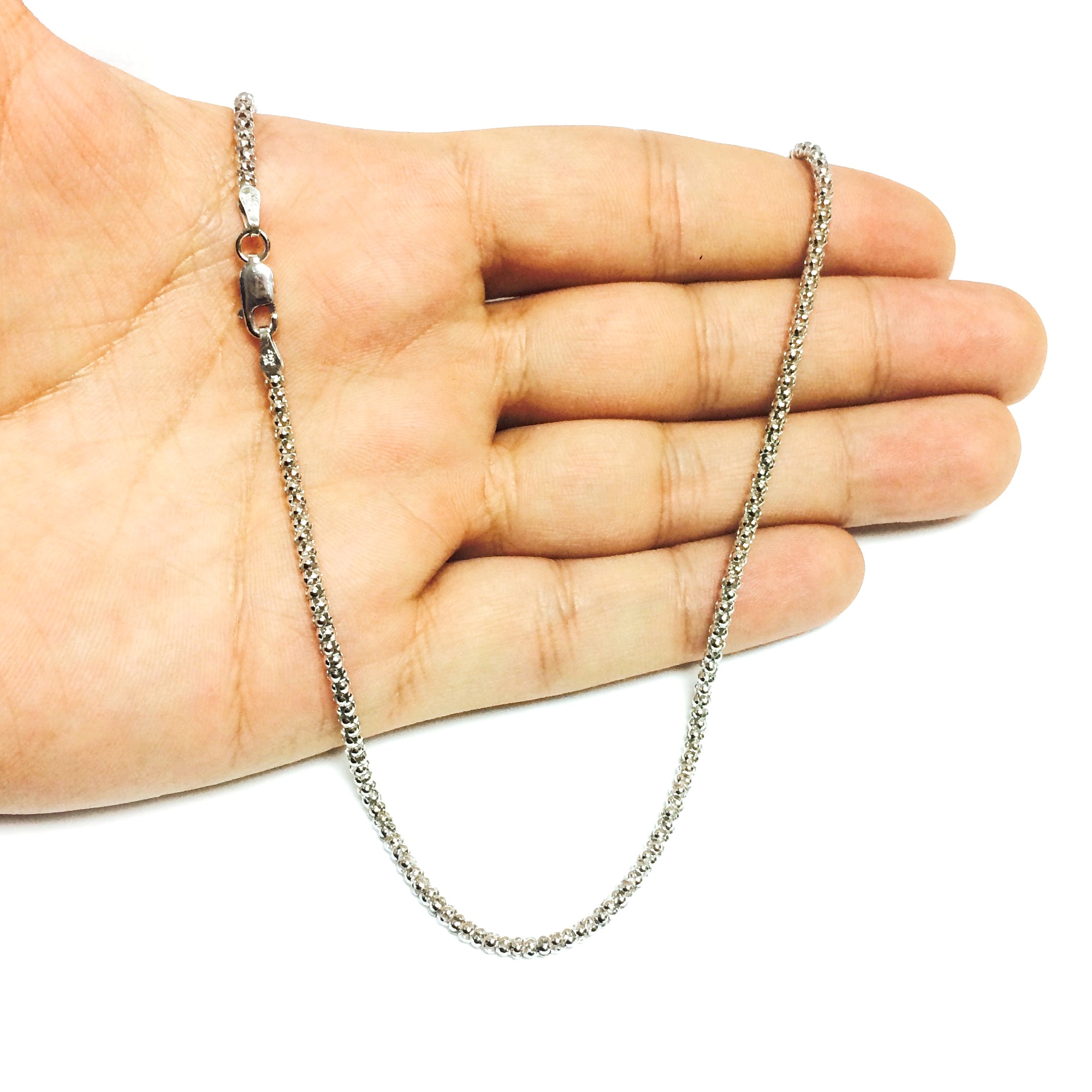 Collar de cadena de cuerda de palomitas de maíz elegante chapado en rodio de plata de ley, joyería fina de diseño de 2,5 mm para hombres y mujeres