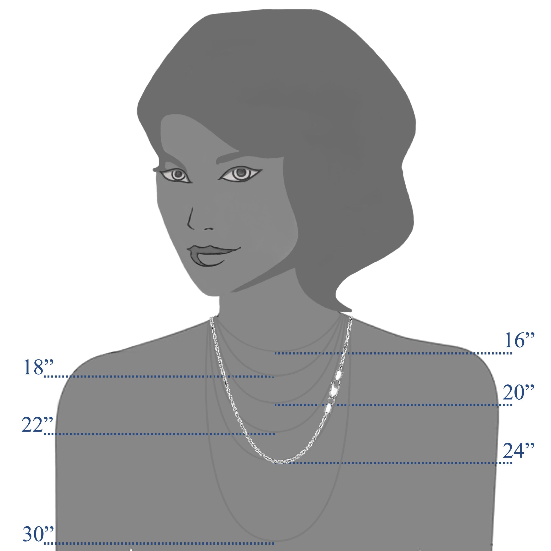 Sterling Silver Rhodium Plated Diamond Cut Rope Chain Necklace, 1,8mm