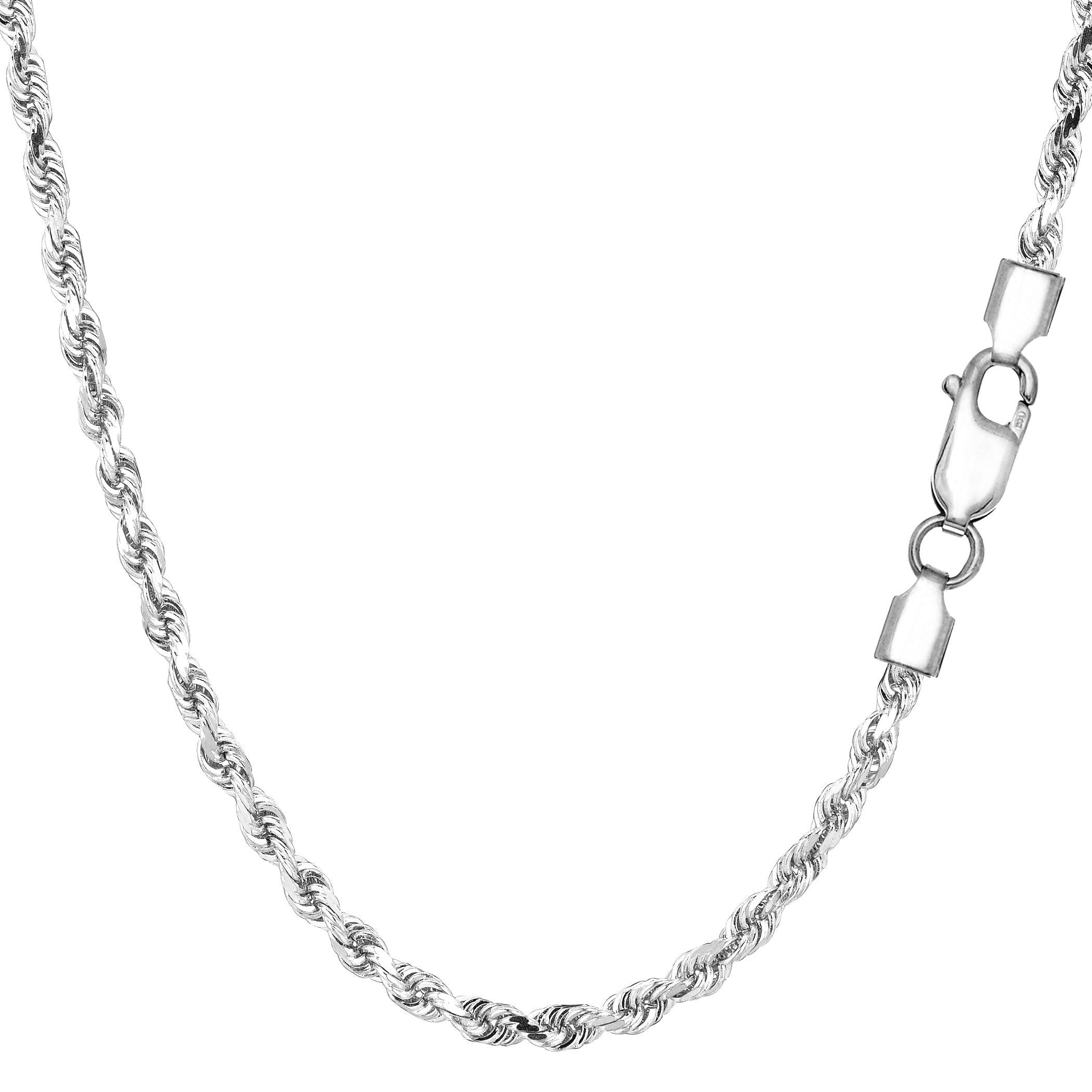 Collar de cadena de cuerda con corte de diamante chapado en rodio de plata de ley, joyería fina de diseño de 2,9 mm para hombres y mujeres