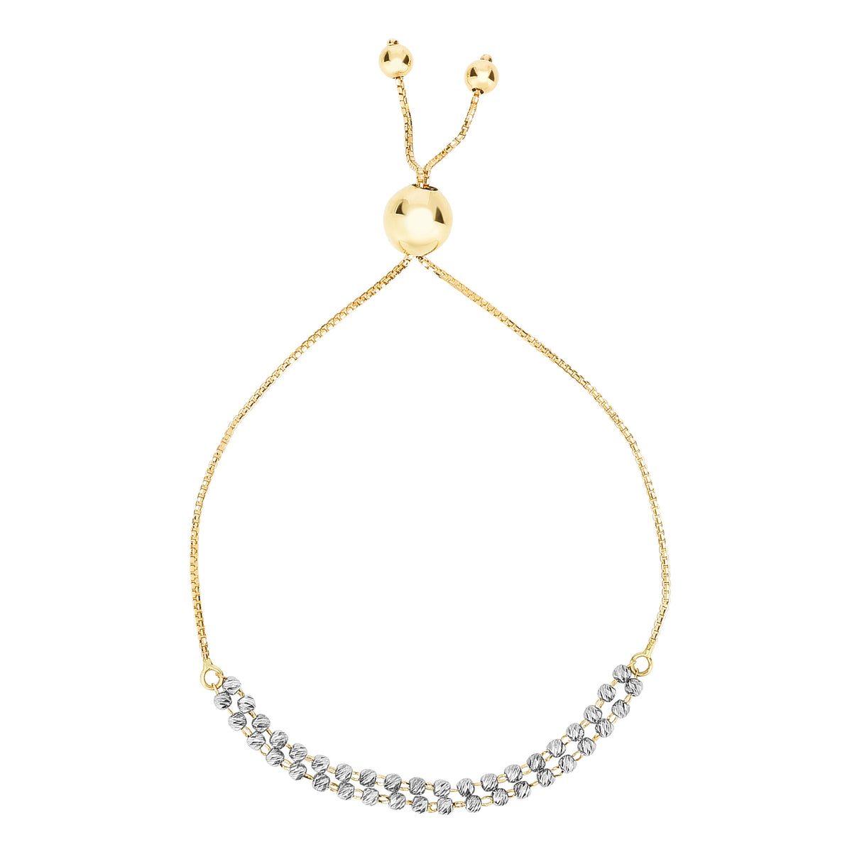 Diamond Cut Double Beaded Strand Bolo Friendship Adjustable Bracelet In 14K Gold, 9.25" fine designer jewelry for men and women