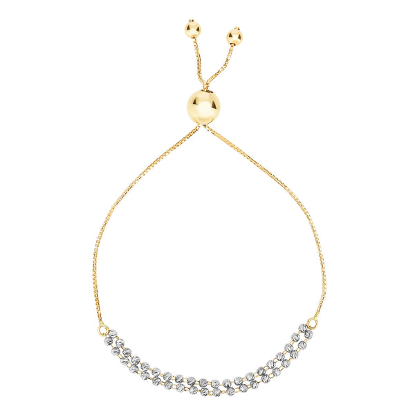 Diamond Cut Double Beaded Strand Bolo Friendship Adjustable Bracelet In 14K Gold, 9.25"