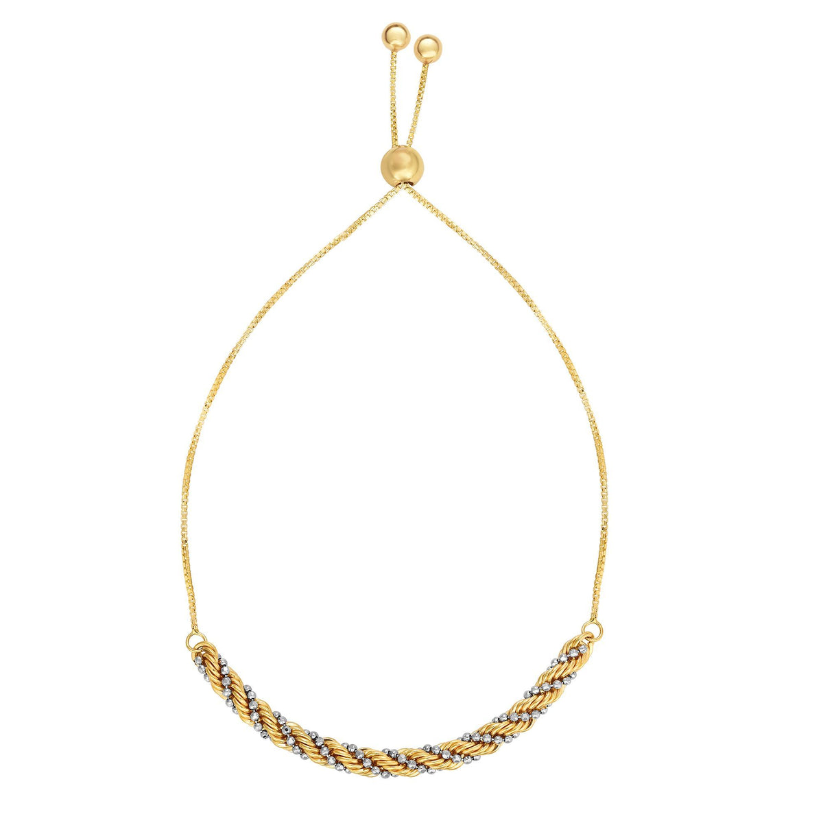 Bracciale regolabile Bolo dell'amicizia in oro giallo e bianco 14k, gioielli di design da 9,25" per uomini e donne