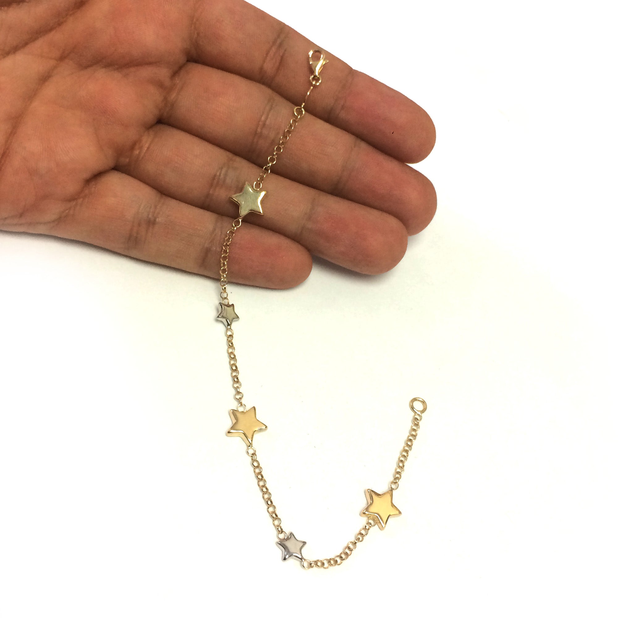 Bracelet à breloques étoiles en or jaune et blanc 14 carats, 7,25 bijoux de créateurs fins pour hommes et femmes