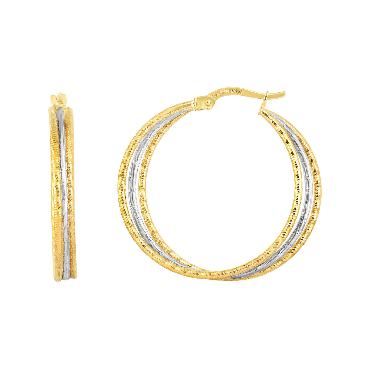 14K Gold Yellow And White Finish Hoop Earrings, Diameter 30mm