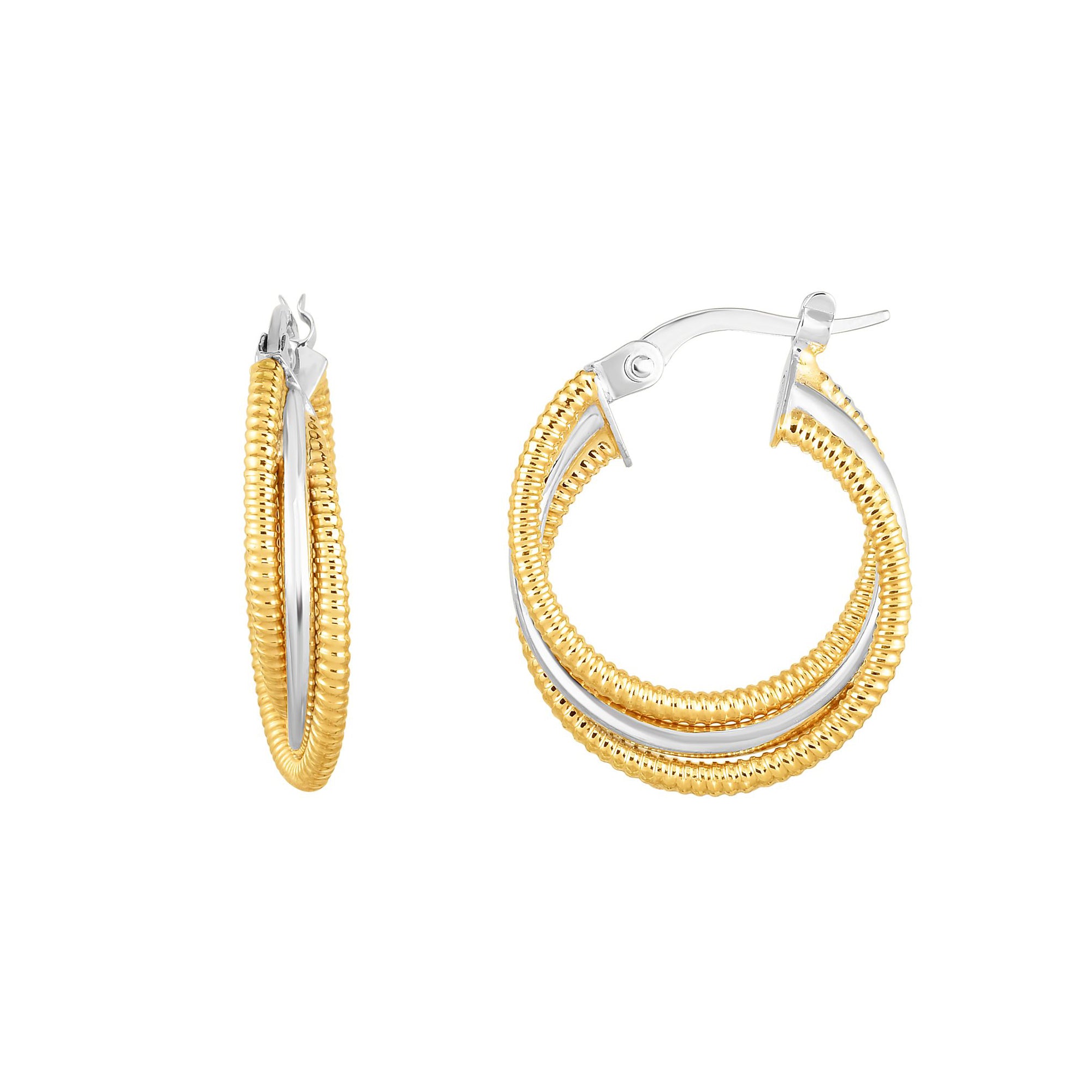 14K Gold Yellow And White Finish Hoop Fancy Earrings, Diameter 15mm