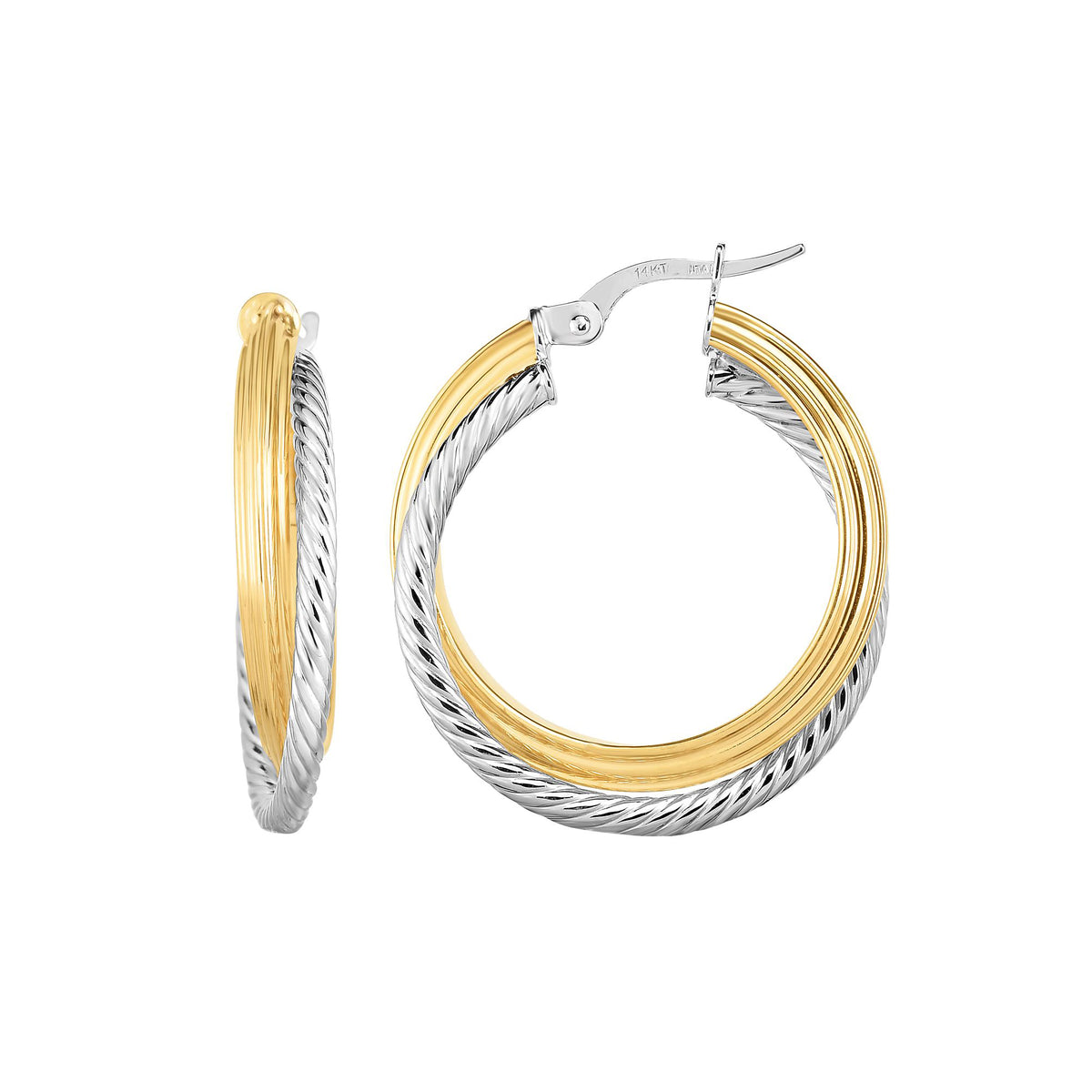 14K Gold Yellow And White Finish Hoop Fancy Earrings, Diameter 20mm