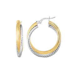14K Gold Yellow And White Finish Hoop Fancy Earrings, Diameter 20mm