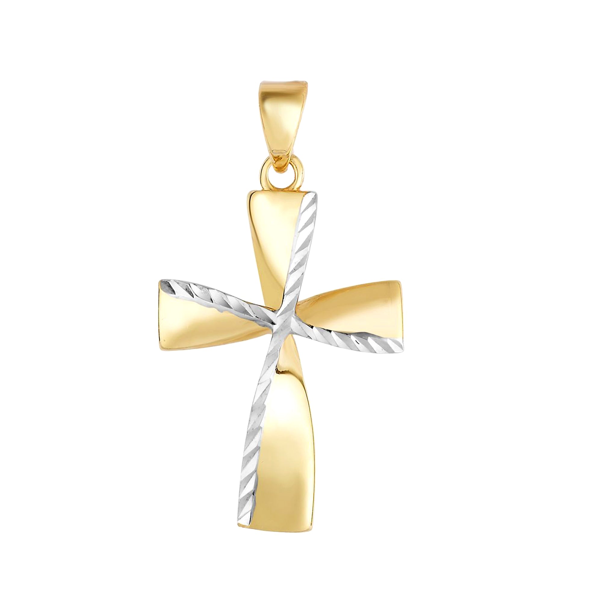 14K Yellow And White Gold Diamond Cut Fancy Cross Pendant,13x20 mm