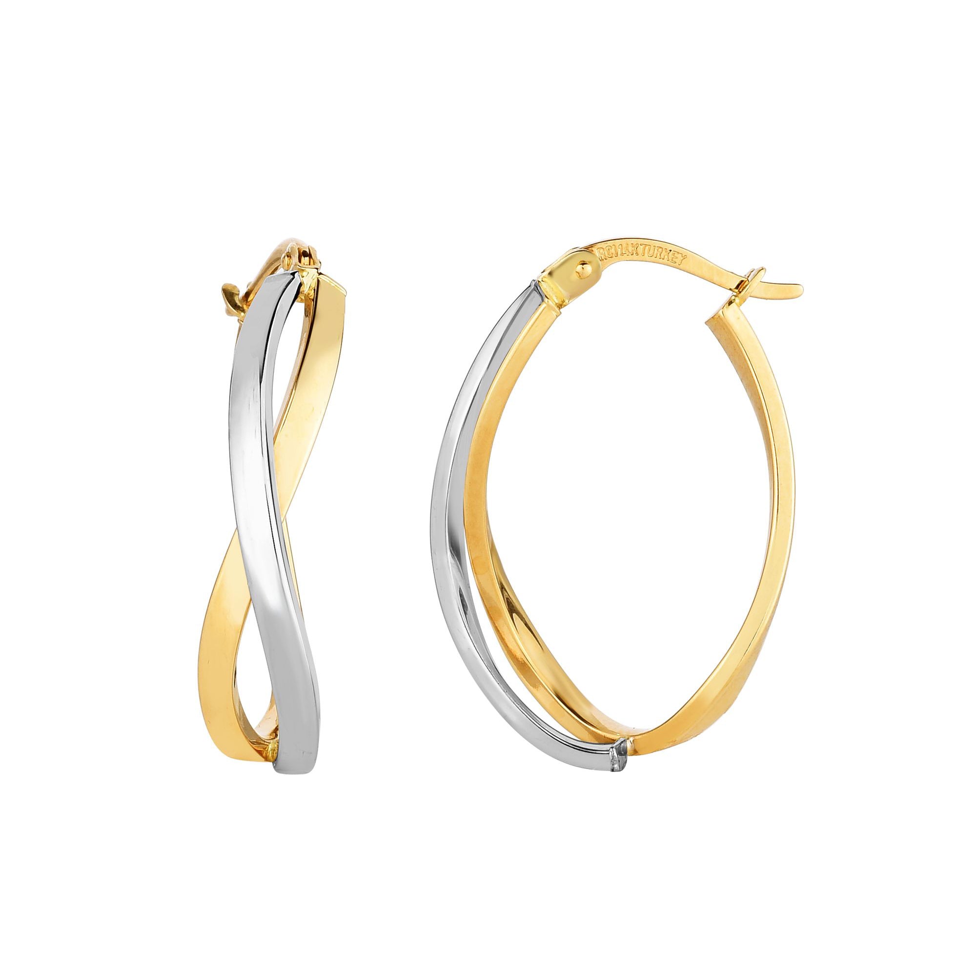 14K Yellow And White Gold Double Criss Cross Hoop Earrings fine designer jewelry for men and women