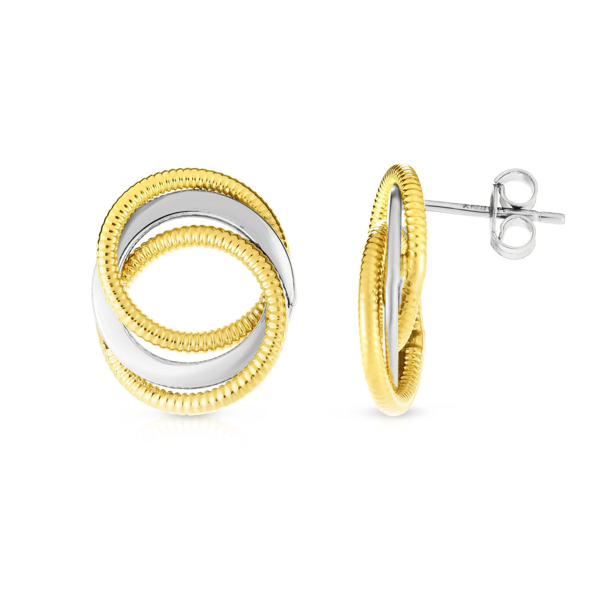 14k Yellow And White Gold Round Interconnected Link Stud Earrings fine designer jewelry for men and women