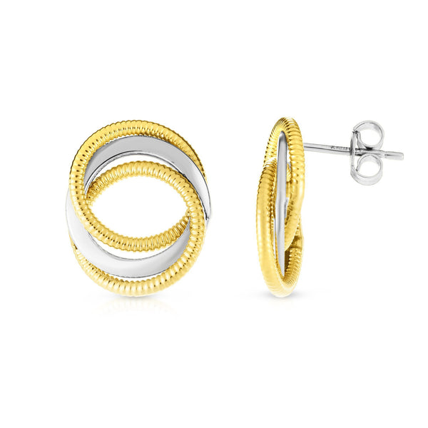 14k Yellow And White Gold Round Interconnected Link Stud Earrings