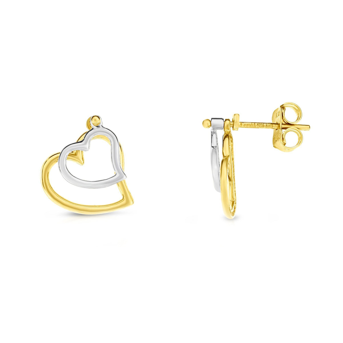 Pendientes de tuerca de doble corazón de oro amarillo y blanco de 14 quilates, joyería fina de diseño para hombres y mujeres