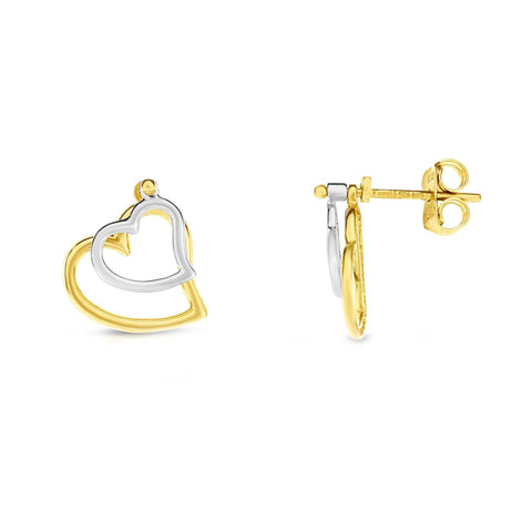 14k Yellow And White Gold Double Heart Stud Earrings