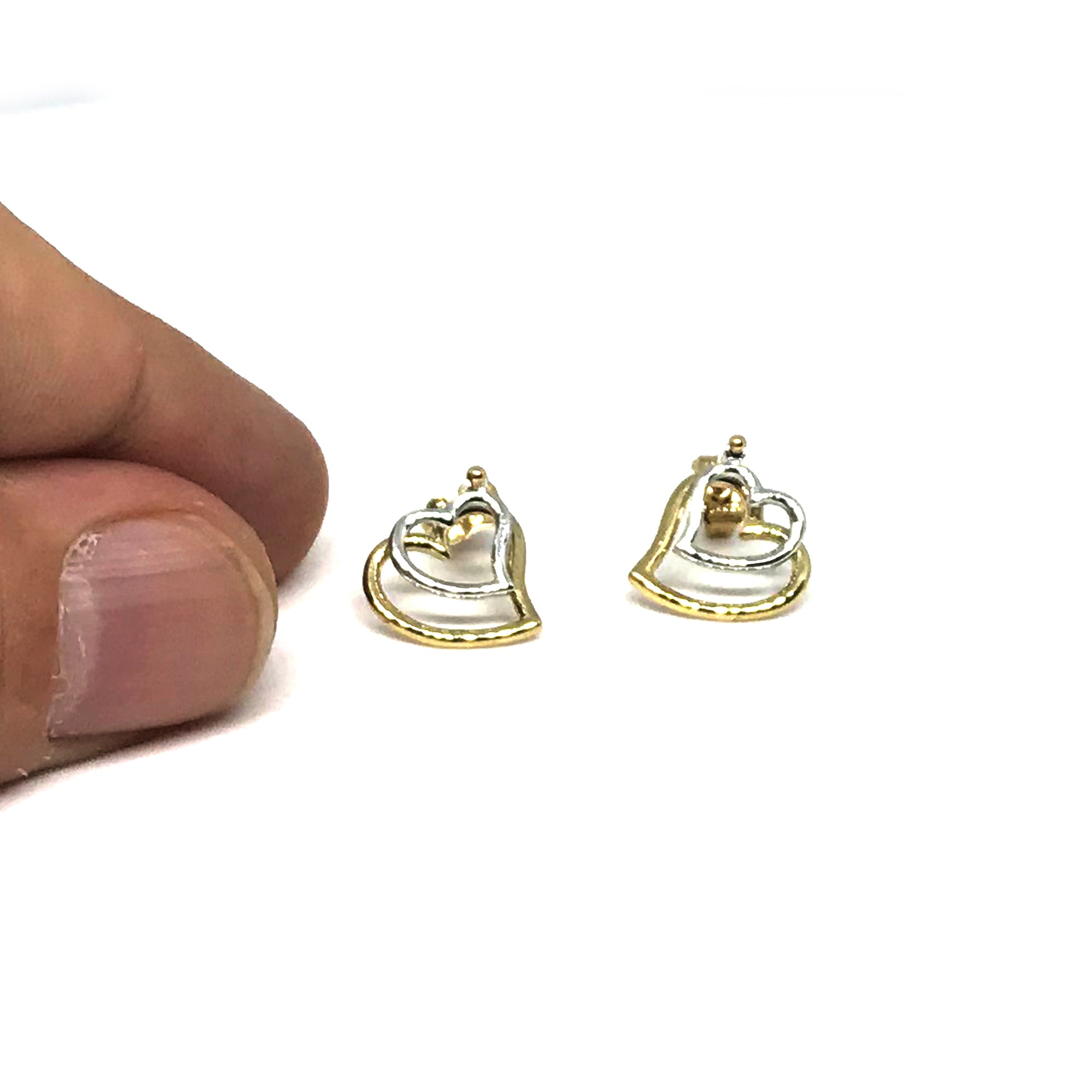 Pendientes de tuerca de doble corazón de oro amarillo y blanco de 14 quilates, joyería fina de diseño para hombres y mujeres